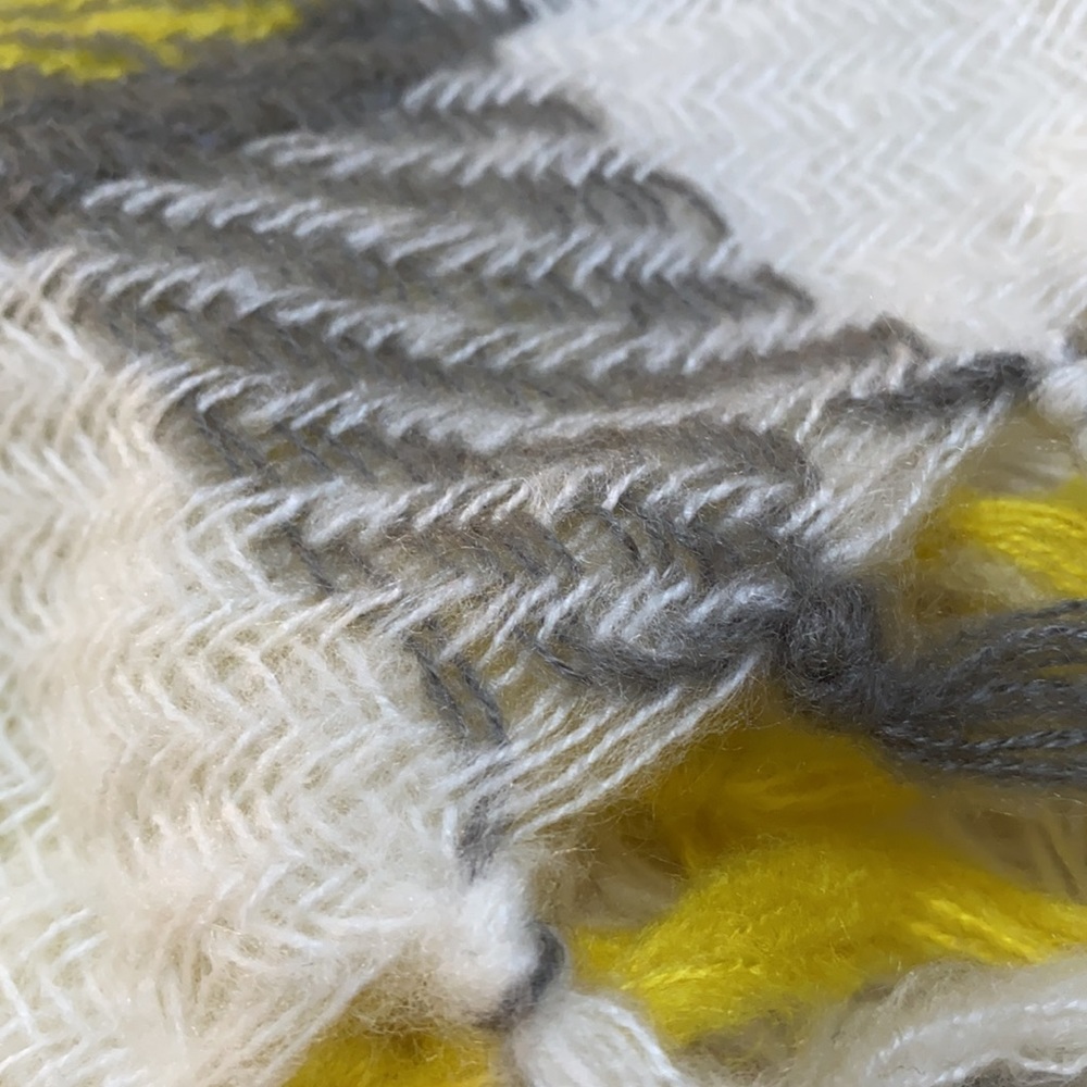 πHPππΌ Loft Fringe Knit Scarf π Ivory Gray Yellow Plaid - Picture 6 of 9